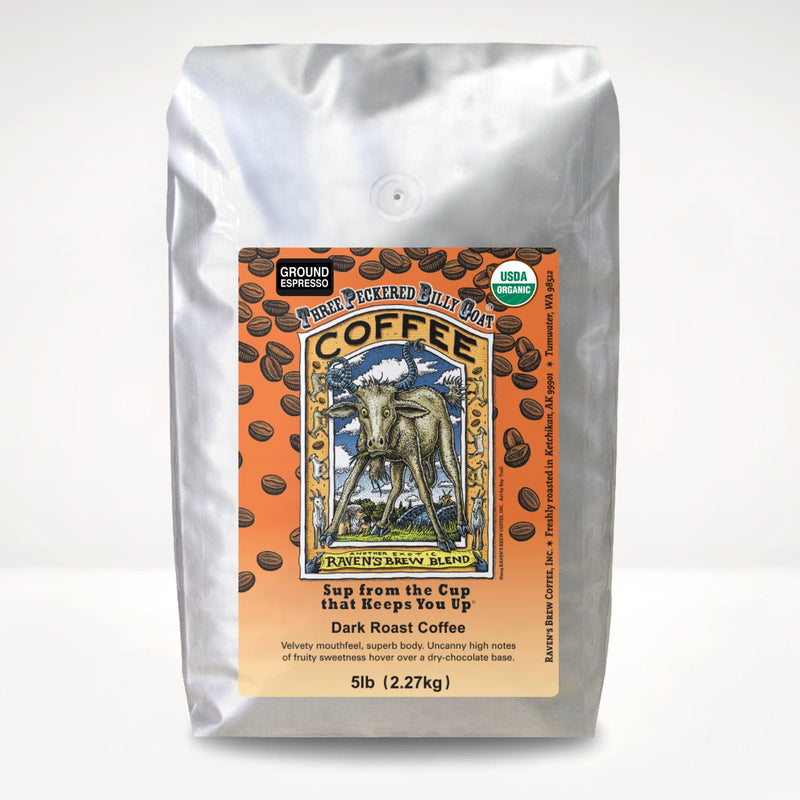 5lb Organic Espresso Ground Three Peckered Billy Goat® Dark Roast Coffee