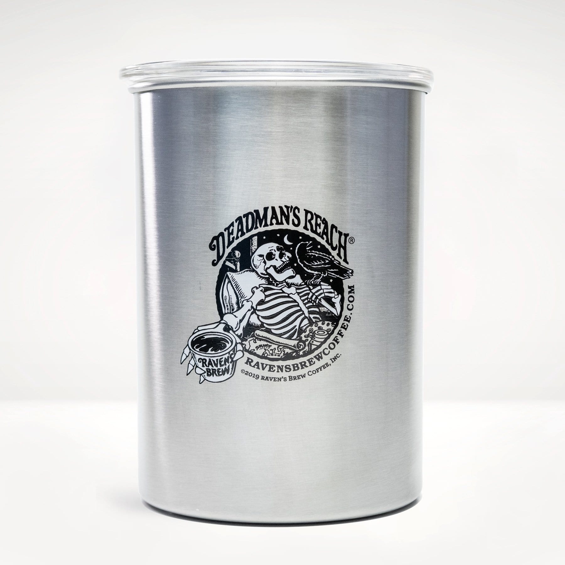 Deadman's Reach® coffee skeleton art in black and white with words Deadman's Reach® and Raven's Brew Coffee® on the front of a Airscape® Canister