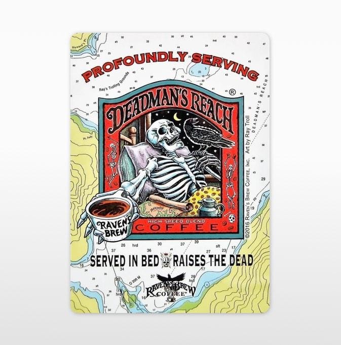 Deadman’s Reach® Coffee Label Cling featuring a skeleton reclined in bed, extending a steaming cup of Raven’s Brew coffee outwards towards the viewer. A black raven sits perched on a finger on his other hand Deadmans Reach® Coffee.