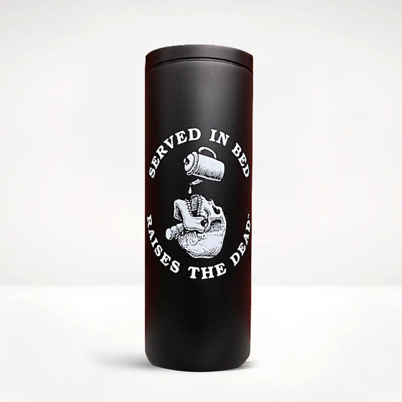 16oz Black MiiR Tumbler featuring Deadman's Reach® Coffee Skull and Coffee Pot graphic on back.