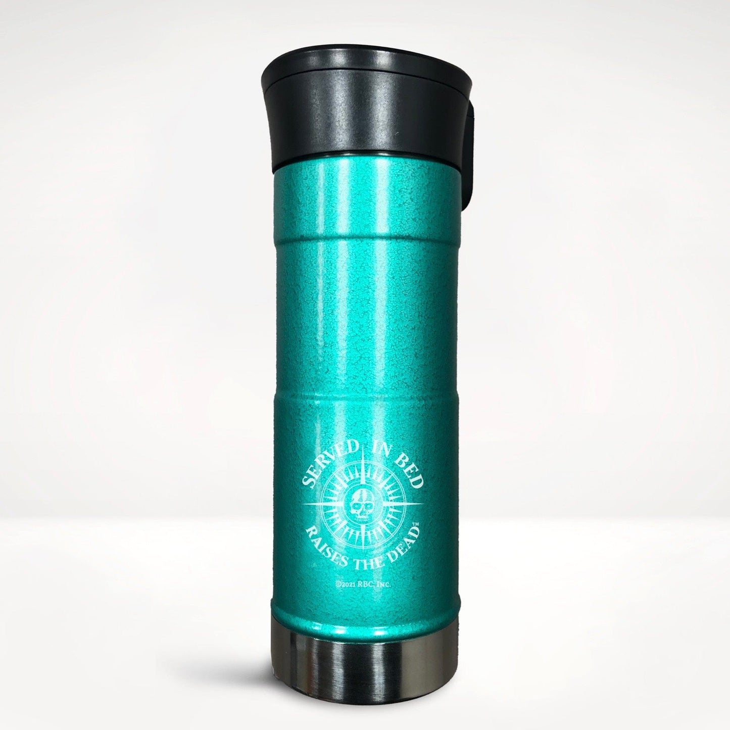 Deadman's Reach® coffee bright jade colored stainless steel tumbler front view featuring Served in Bead Raises the Dead™ Deadman's Reach® coffee tagline surrounding a compass rose with a skull at its center.
