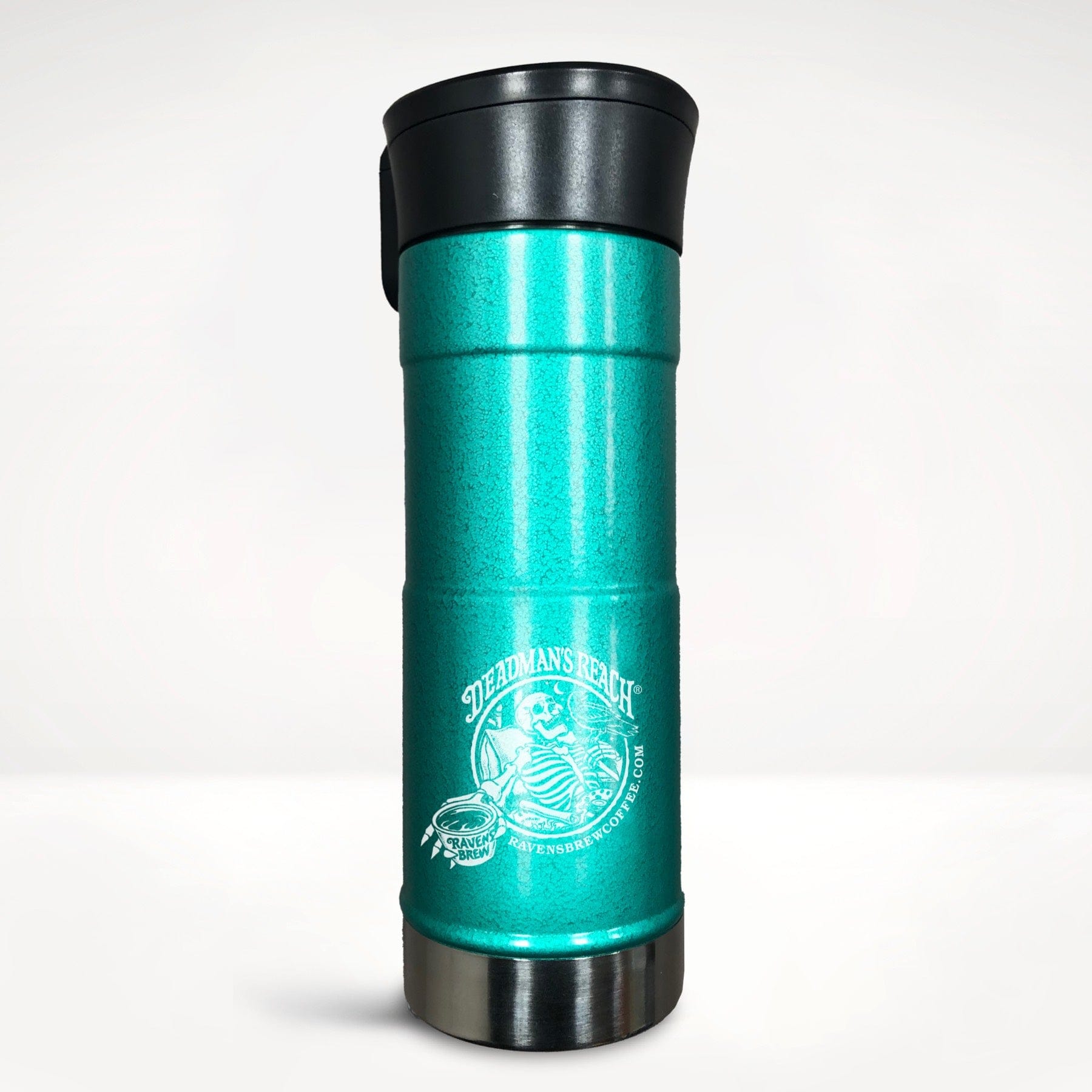 Deadman's Reach® coffee bright jade colored stainless steel tumbler front view featuring skeleton art in white with words Deadman's Reach® and Raven's Brew Coffee®.