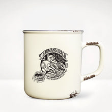 Deadman's Reach® coffee Camp Mug front view featuring skeleton art in black and white with words Deadman's Reach® and Raven's Brew Coffee®.