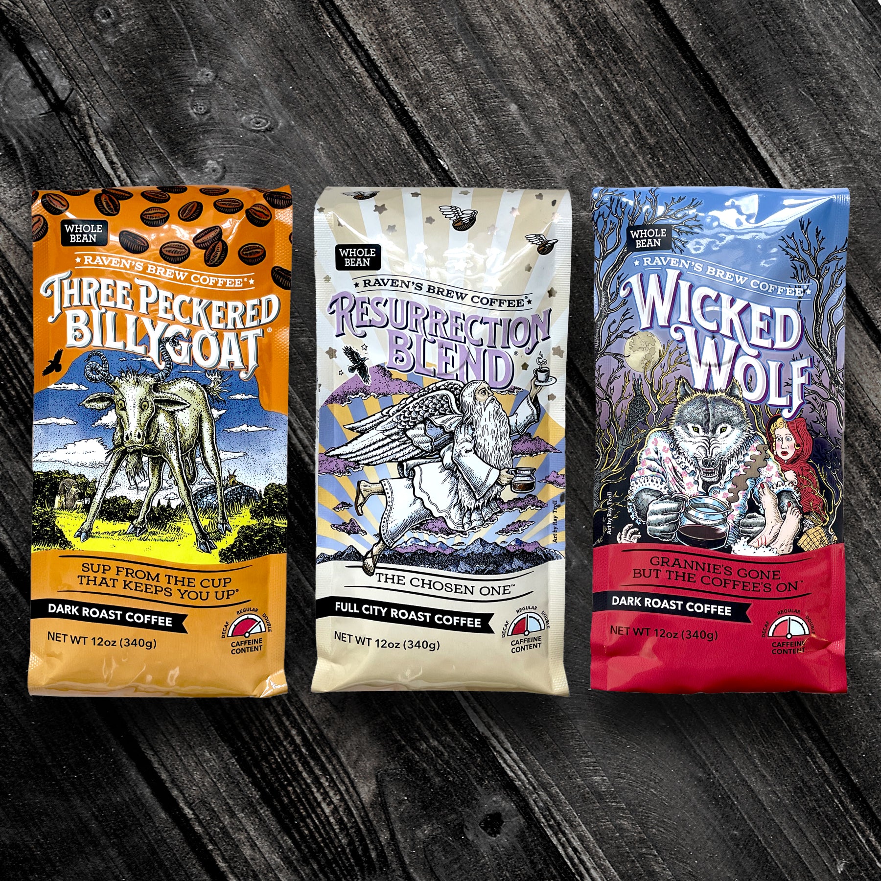 Three Peckered Billy Goat® Coffee, Resurrection® Blend Coffee and Wicked Wolf® Coffee Whole Bean Cold Brew Pack