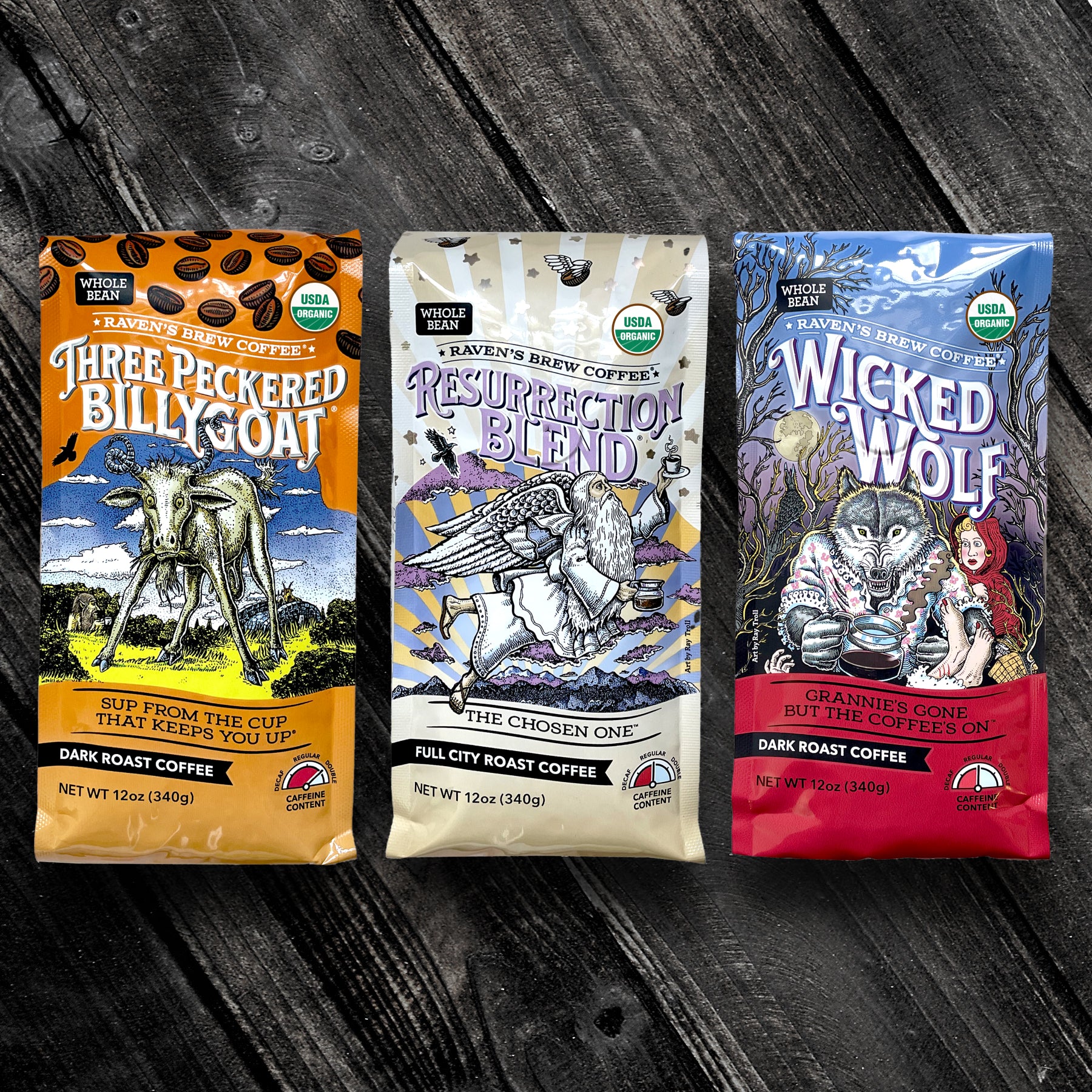 Three Peckered Billy Goat® Coffee, Resurrection® Blend Coffee and Wicked Wolf® Coffee Whole Bean Organic Cold Brew Pack