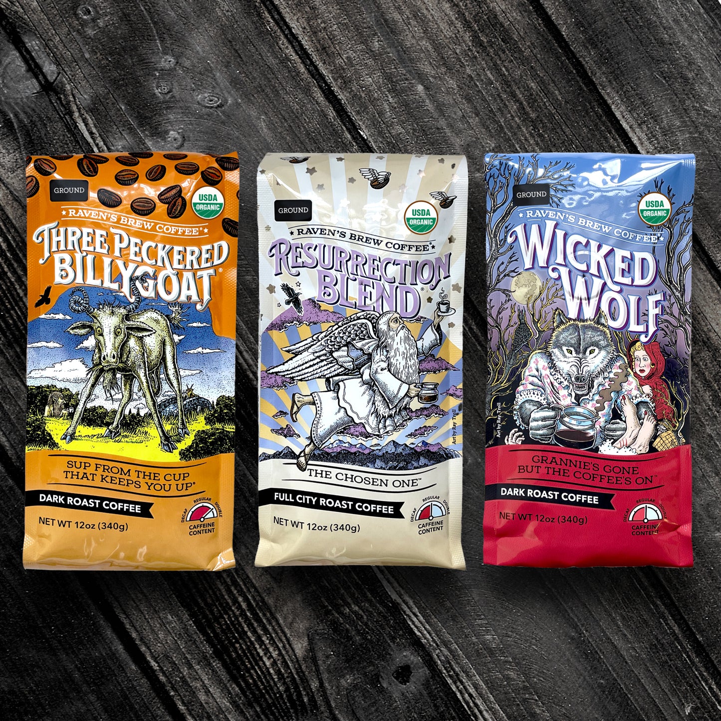 Three Peckered Billy Goat® Coffee, Resurrection® Blend Coffee and Wicked Wolf® Coffee Organic Ground Cold Brew Pack