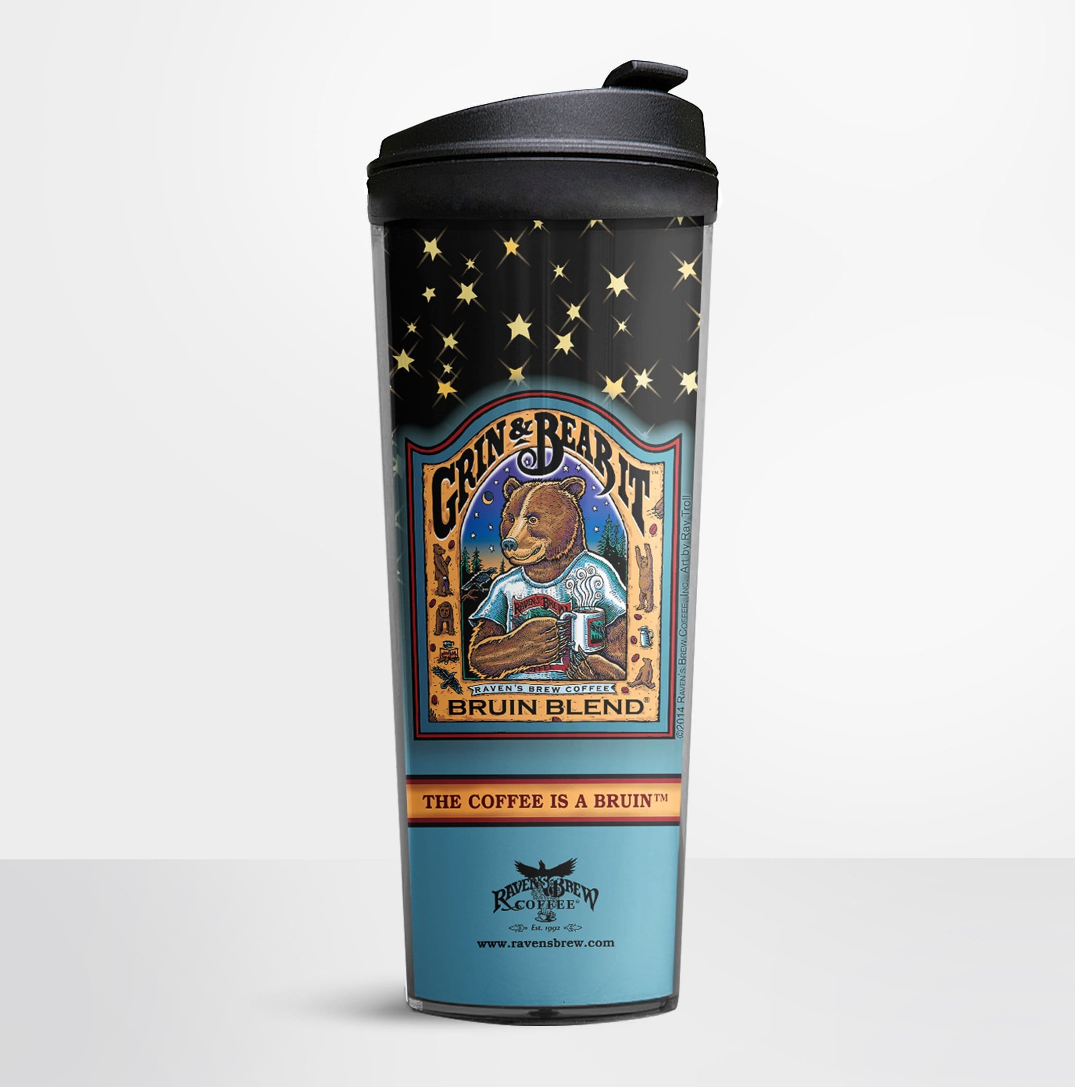Bruin Blend® Coffee Label Plastic Travel Tumbler featuring a brown grizzly bear wearing a Raven's Brew® Coffee t-shirt drinking a mug of steaming coffee and the words Grin & Bear it, Bruin Blend® and The Coffee is a Bruin™.