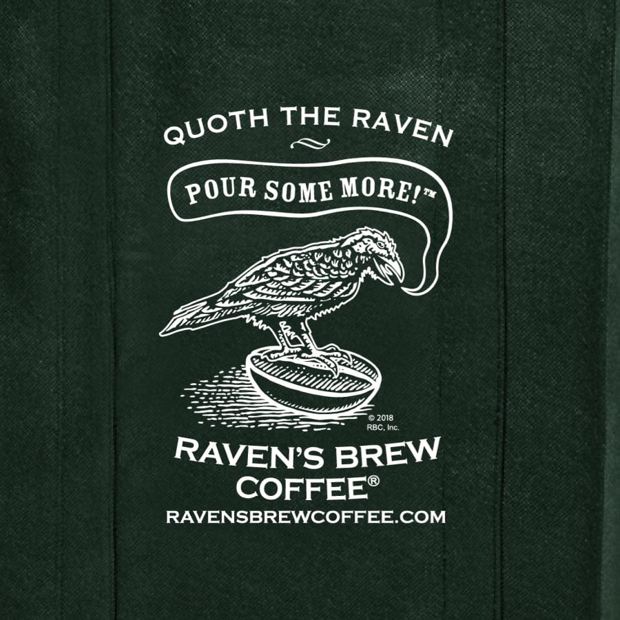 Detail view of Quoth the Raven™ Tote Bag featuring Raven perched on a coffee bean uttering the words "Pour Some More!".