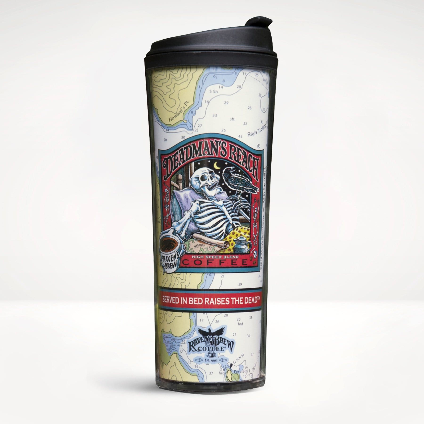 Deadman’s Reach® Coffee Label Plastic Travel Tumbler featuring a skeleton reclined in bed, extending a steaming cup of Raven’s Brew coffee outwards towards the viewer. A black raven sits perched on a finger on his other hand Deadmans Reach® Coffee.